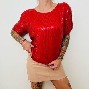 Vintage Jean for Joseph le Bon 100% Silk Sequin Glamorous Red Short Sleeve Top
